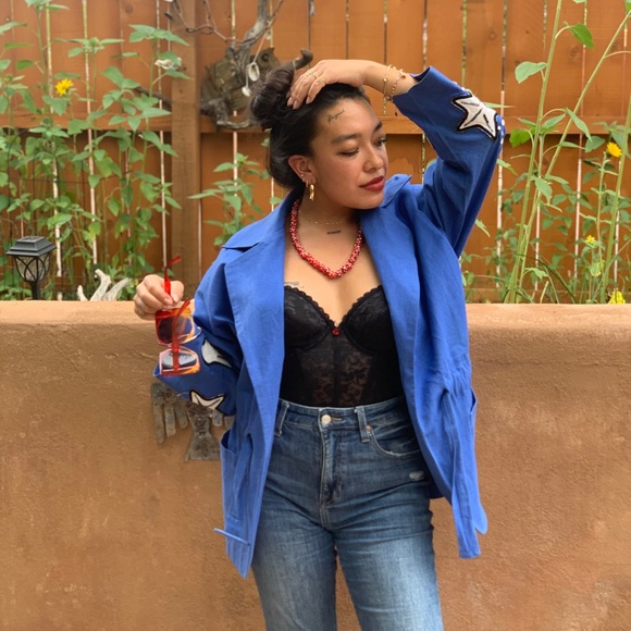 ibe Vintage 1980s Blue Linen Sea Shell Blazer Size 6 Novelty Print - Picture 7 of 12